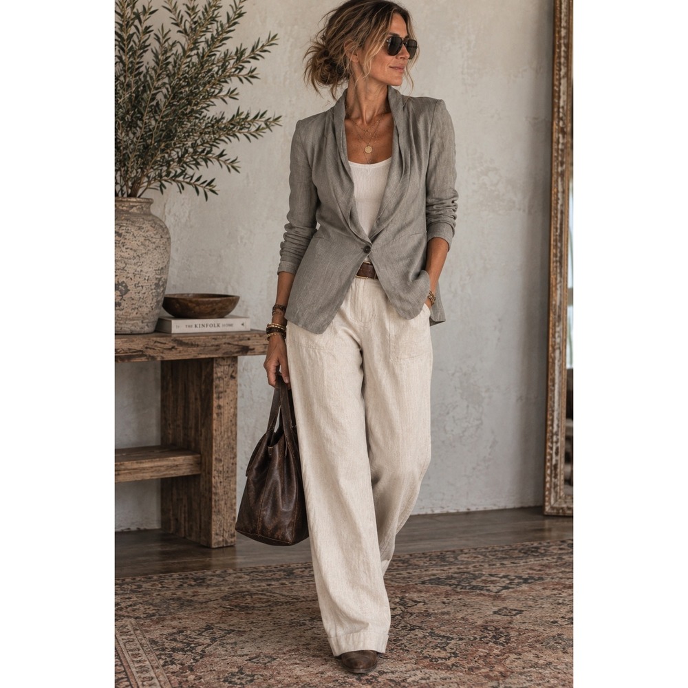 Lilith Grey Linen Blazer Jacket Draped Shawl Collar Single Button Size S